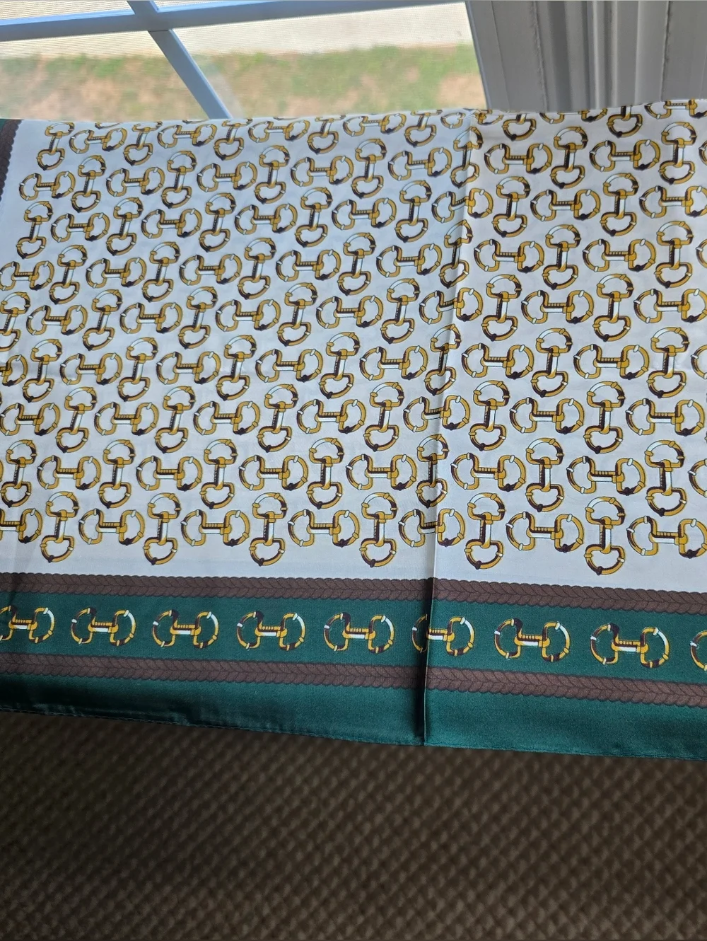 Equestrian Print Silk-Style Scarf in Green, White & Gold - Picture 3 of 3